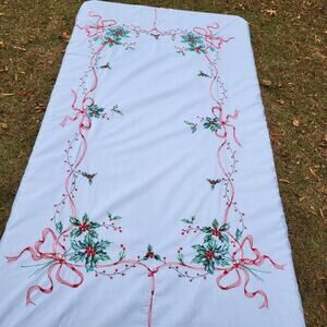 Christmas Hand Stitched Cotton Linen Rectangle Table Cloth Holly Ribbon 69x78"